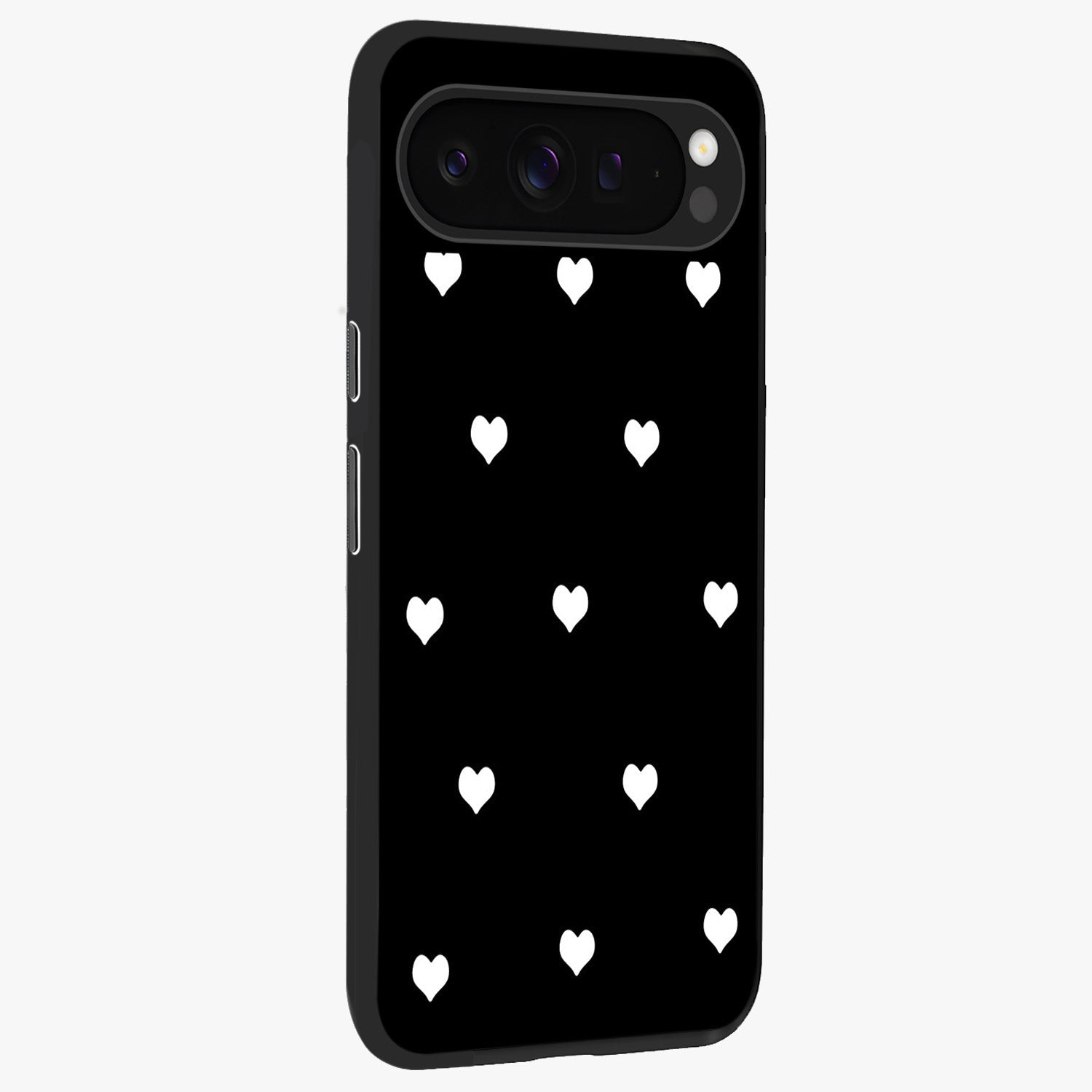 Cute And Simple White Hearts Glass Case upright view showcasing simple white hearts artwork with soft minimal theme.