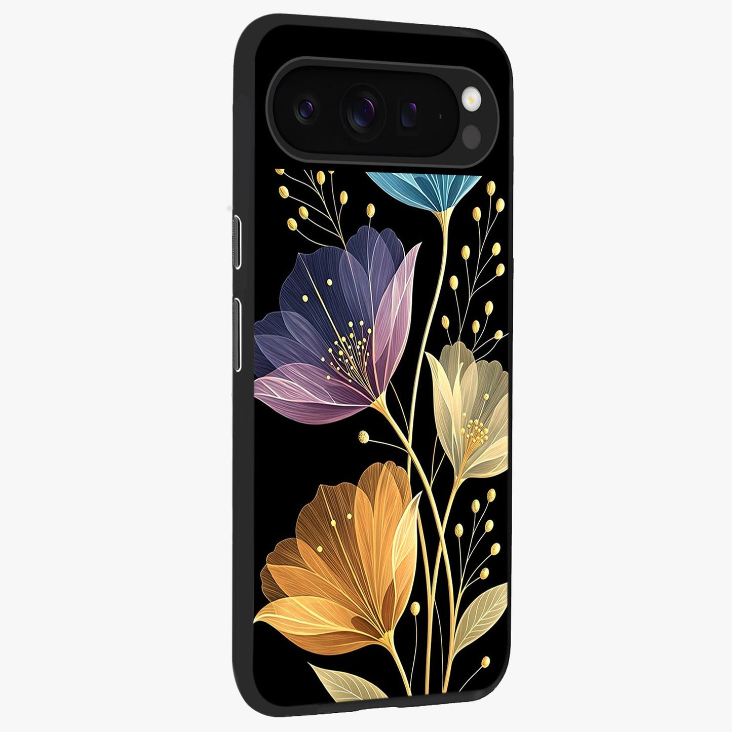 Delicate Multicolor Flowers Glass Case upright view showcasing delicate floral artwork with bright botanical theme.