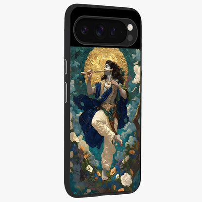Divine Krishna Art Glass Case upright view showcasing divine Krishna artwork with sacred artistic theme.