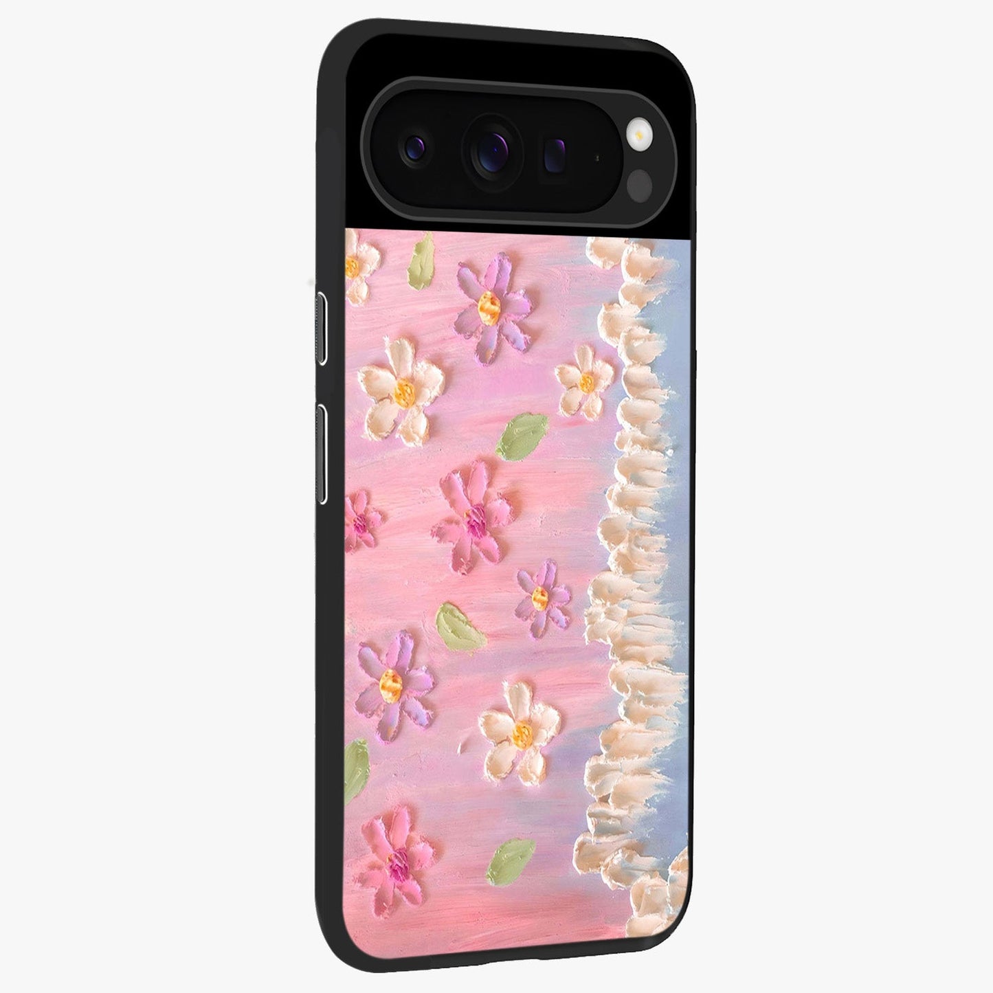Dreamy Painted Garden Glass Case upright view showcasing vibrant floral garden artwork with artistic nature theme.