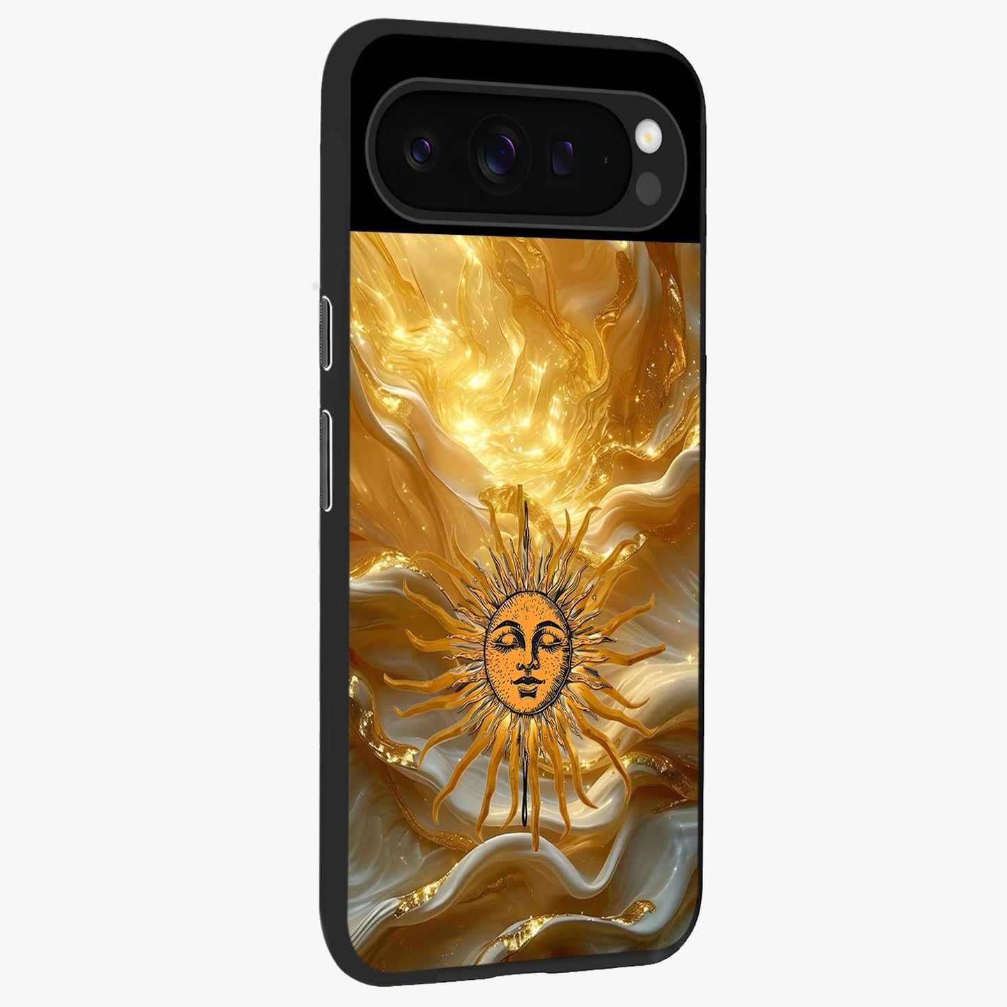 Eternal Golden Glow Glass Case upright view showcasing luminous golden artwork with luxurious visual theme.