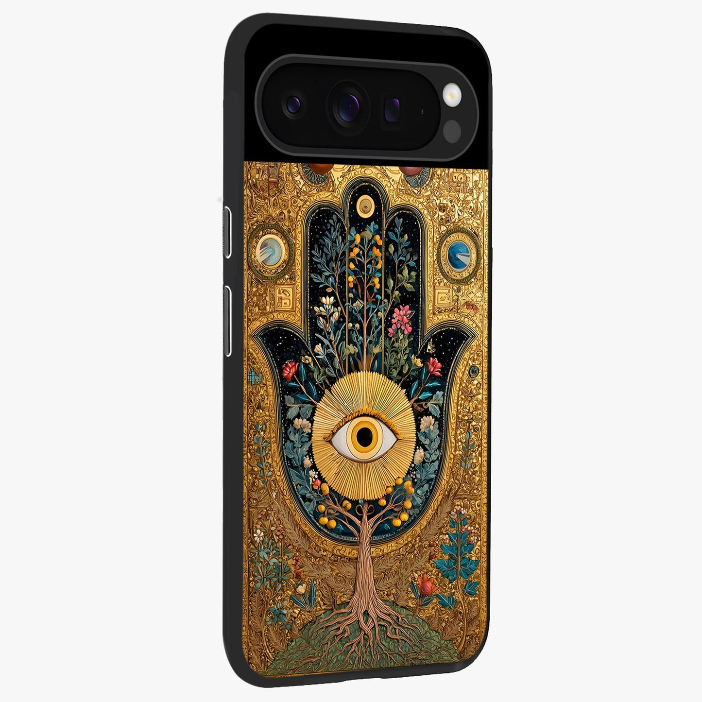 Ethereal Evil Eye Glass Case upright view showcasing celestial evil eye artwork with mystical theme.