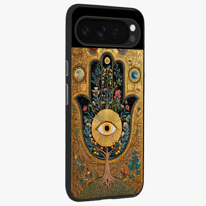 Ethereal Evil Eye Glass Case upright view showcasing celestial evil eye artwork with mystical theme.