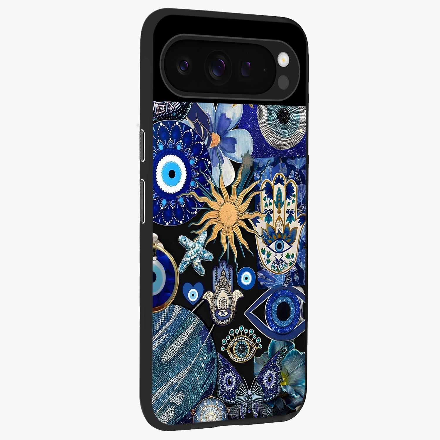 Evil Eye Charm Mix Glass Case upright view showcasing mystical evil eye pattern with vibrant decorative style.