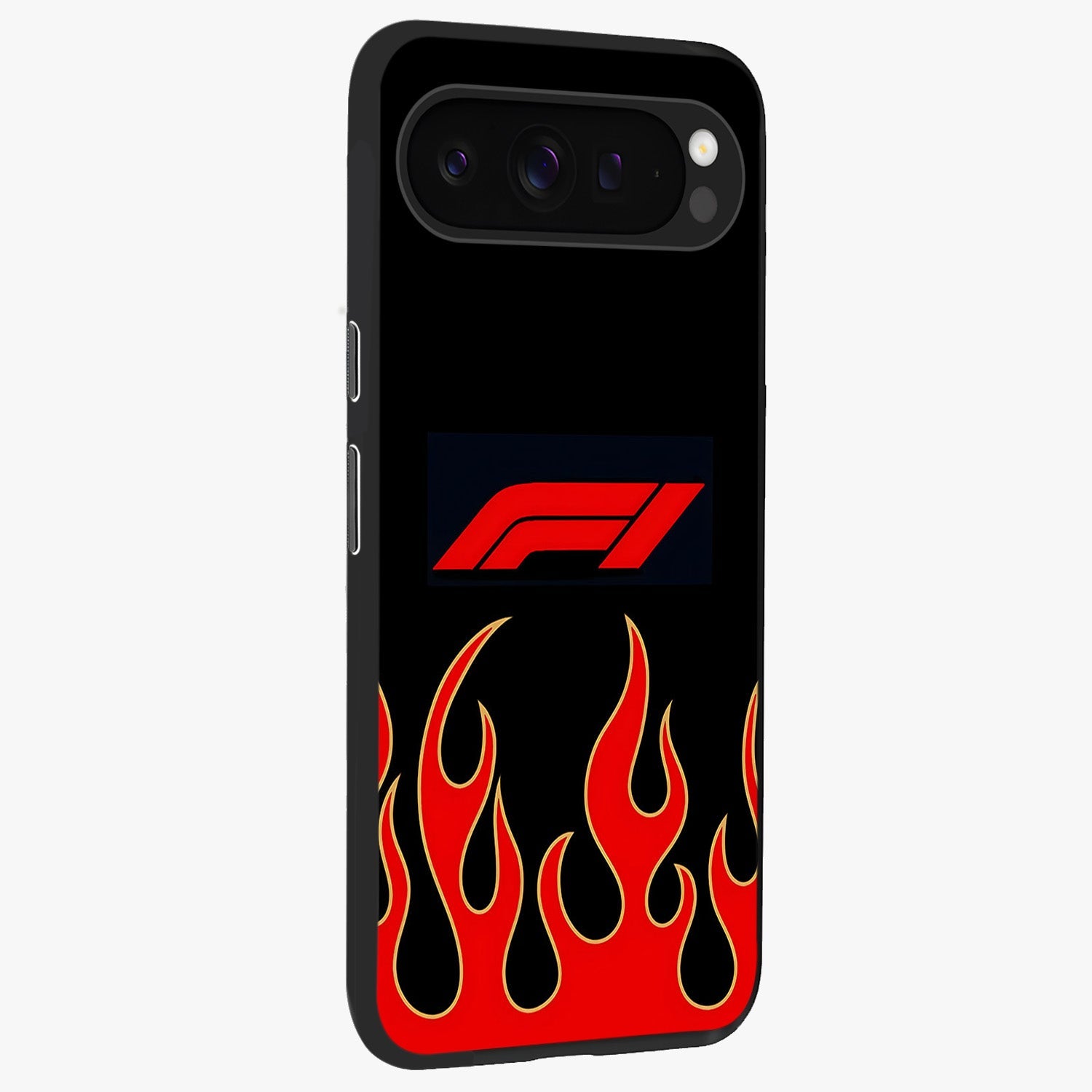 Fire F11 Glass Case upright view showcasing dynamic flame artwork with intense visual theme.