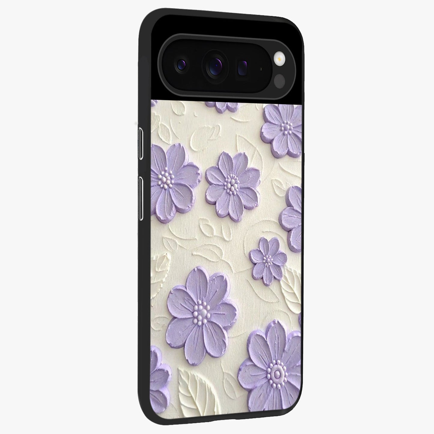 Floral Wall Art With Purple Flowers Glass Case upright view showcasing elegant purple flower artwork with decorative floral theme.