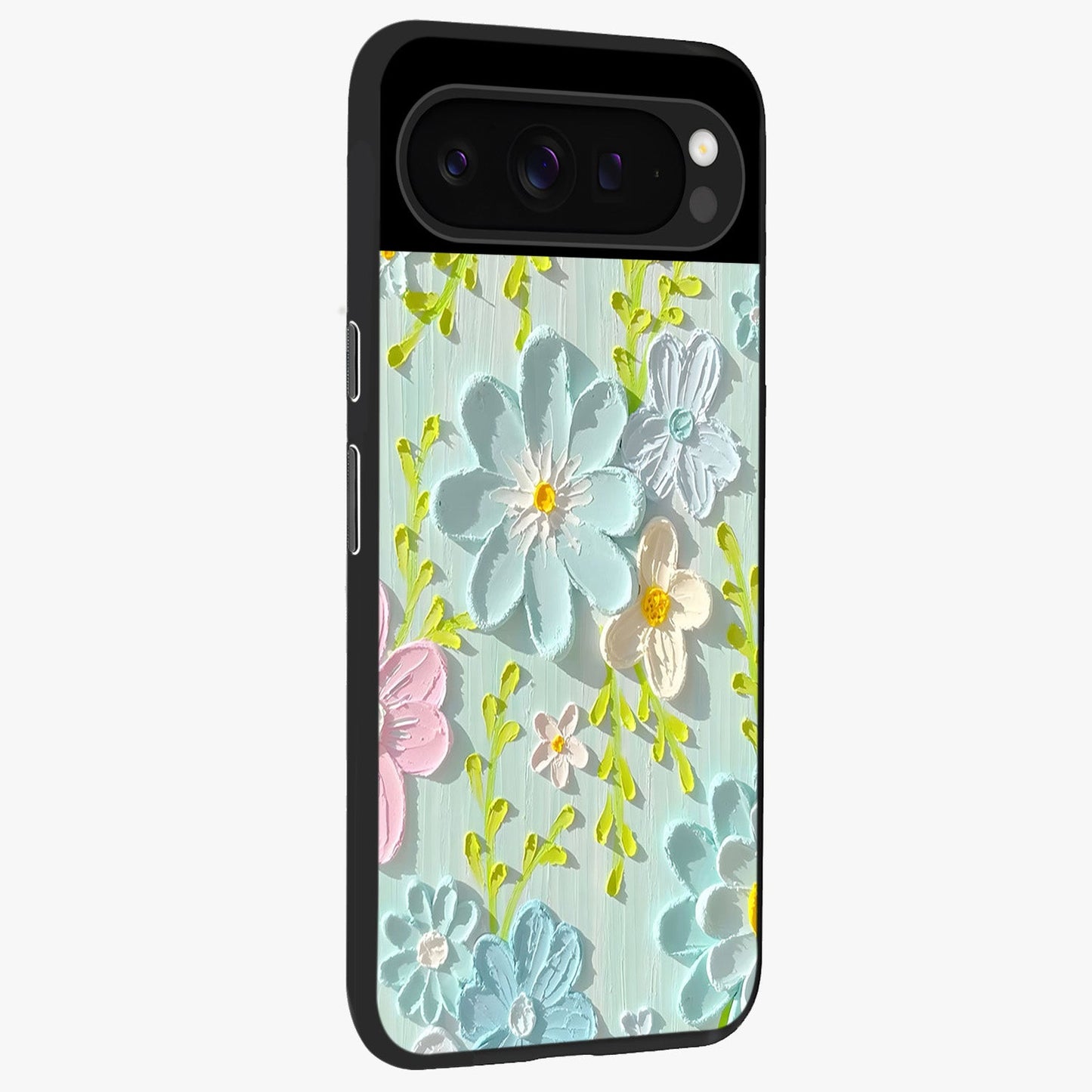 Frosted Petal Garden Glass Case upright view showcasing elegant floral garden artwork with soothing pastel theme.