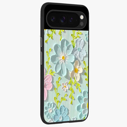 Frosted Petal Garden Glass Case upright view showcasing elegant floral garden artwork with soothing pastel theme.