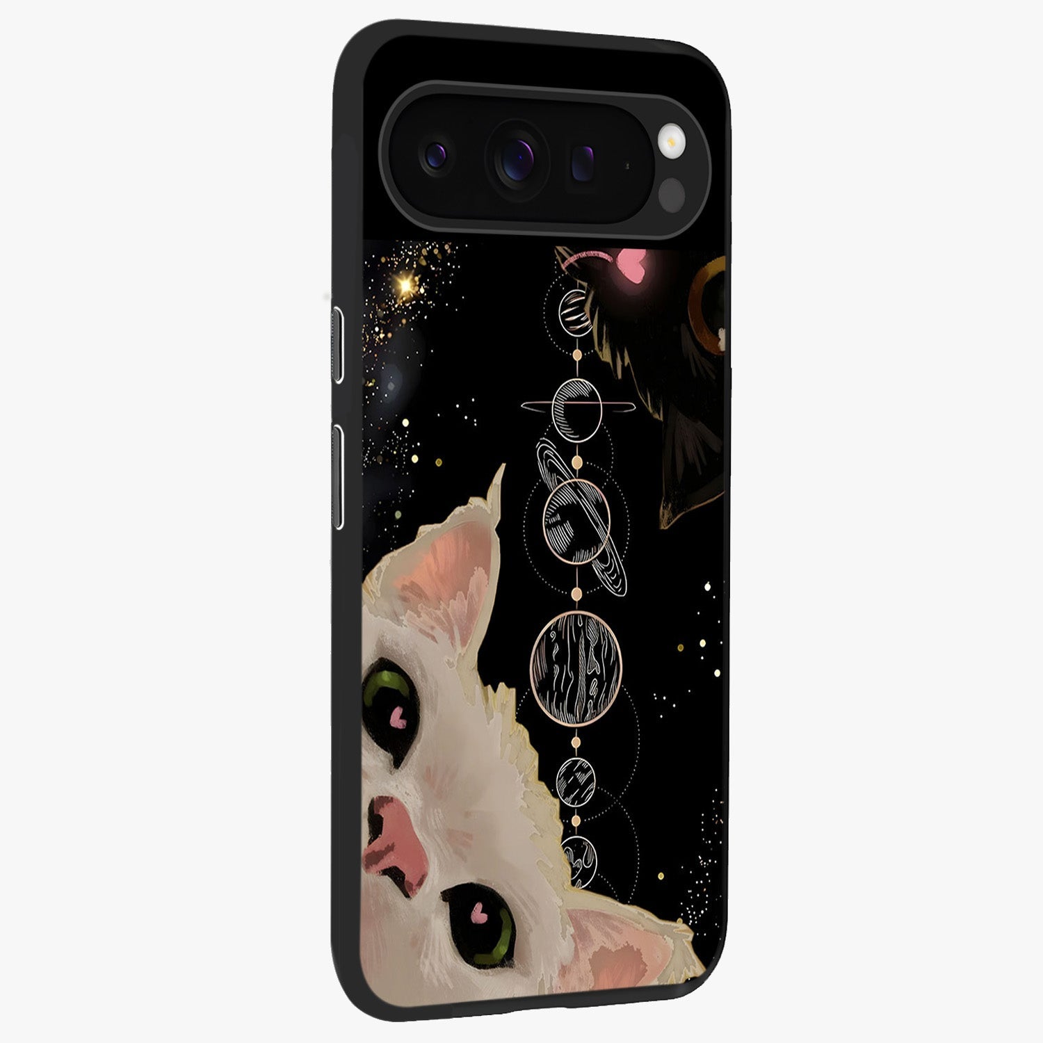 Galactic Cat Glass Case upright view showcasing mystical cat artwork with dreamy cosmic theme.