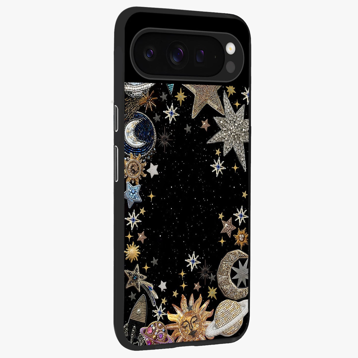 Galactic Jewel Stars Glass Case upright view showcasing glittering star jewel artwork with vibrant galaxy theme.
