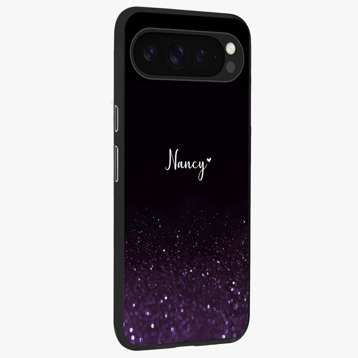 Glittery Purple Bokeh Custom Name Glass Case upright view showcasing vibrant purple sparkle artwork with personalized aesthetic style.