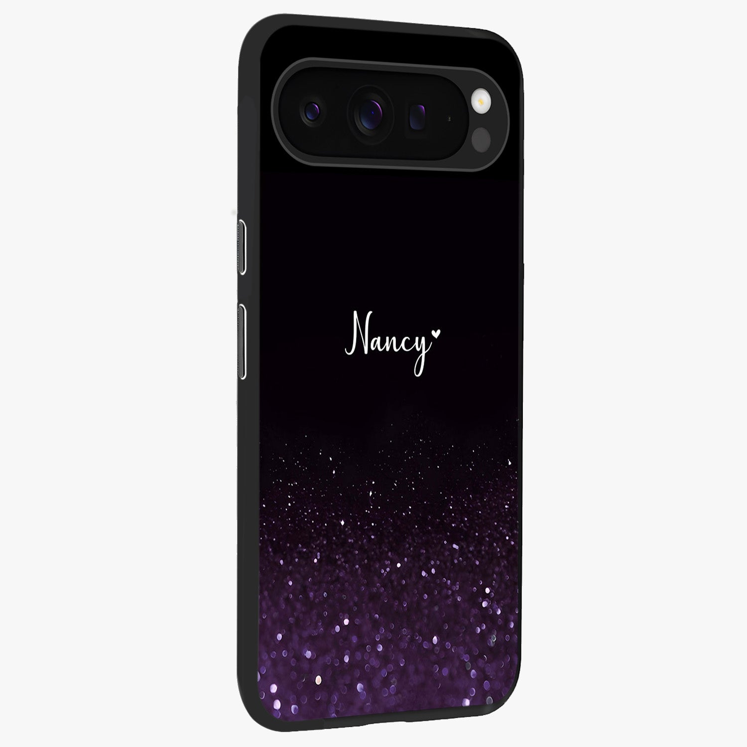 Glittery Purple Bokeh Custom Name Glass Case upright view showcasing vibrant purple sparkle artwork with personalized aesthetic style.