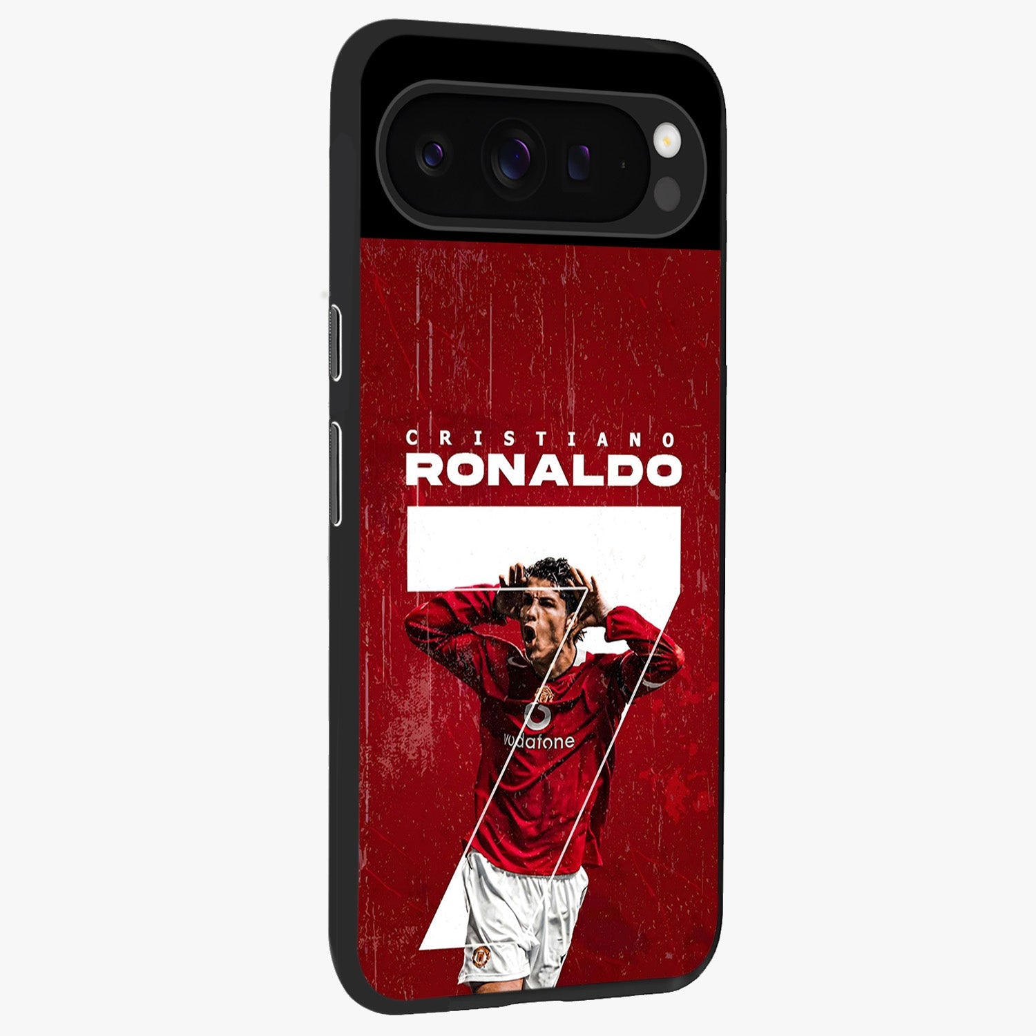 Goal Celebration Legacy Glass Case upright view showcasing dynamic football inspired artwork with victory celebration aesthetic.