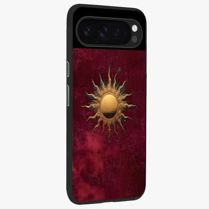 Golden Sun Minimalism Glass Case upright view showcasing simple golden sun artwork with elegant minimalist style.