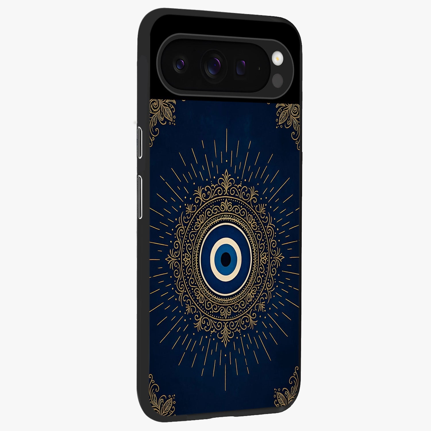 Golden Celestial Charm Glass Case upright view showcasing radiant celestial artwork with elegant golden theme.