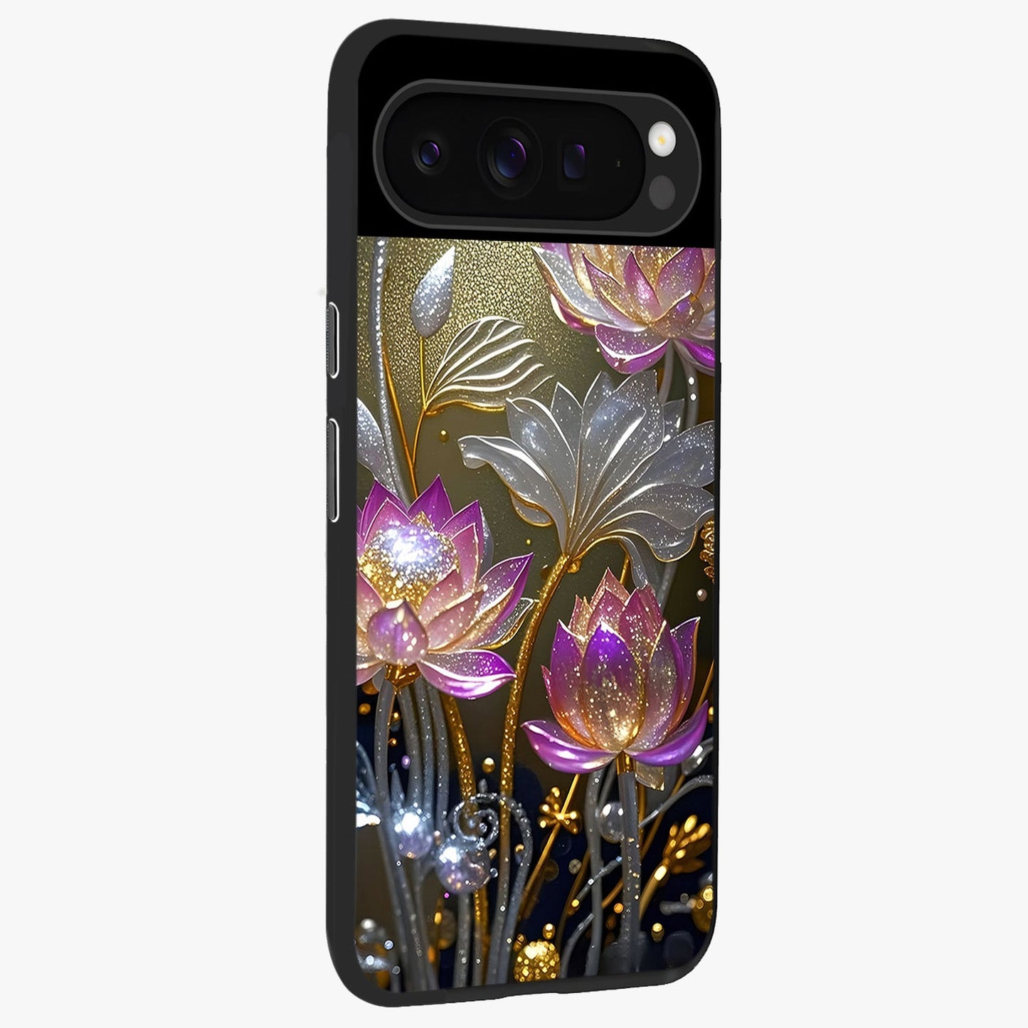 Golden Floral Majesty Glass Case upright view showcasing majestic floral artwork with rich decorative theme.