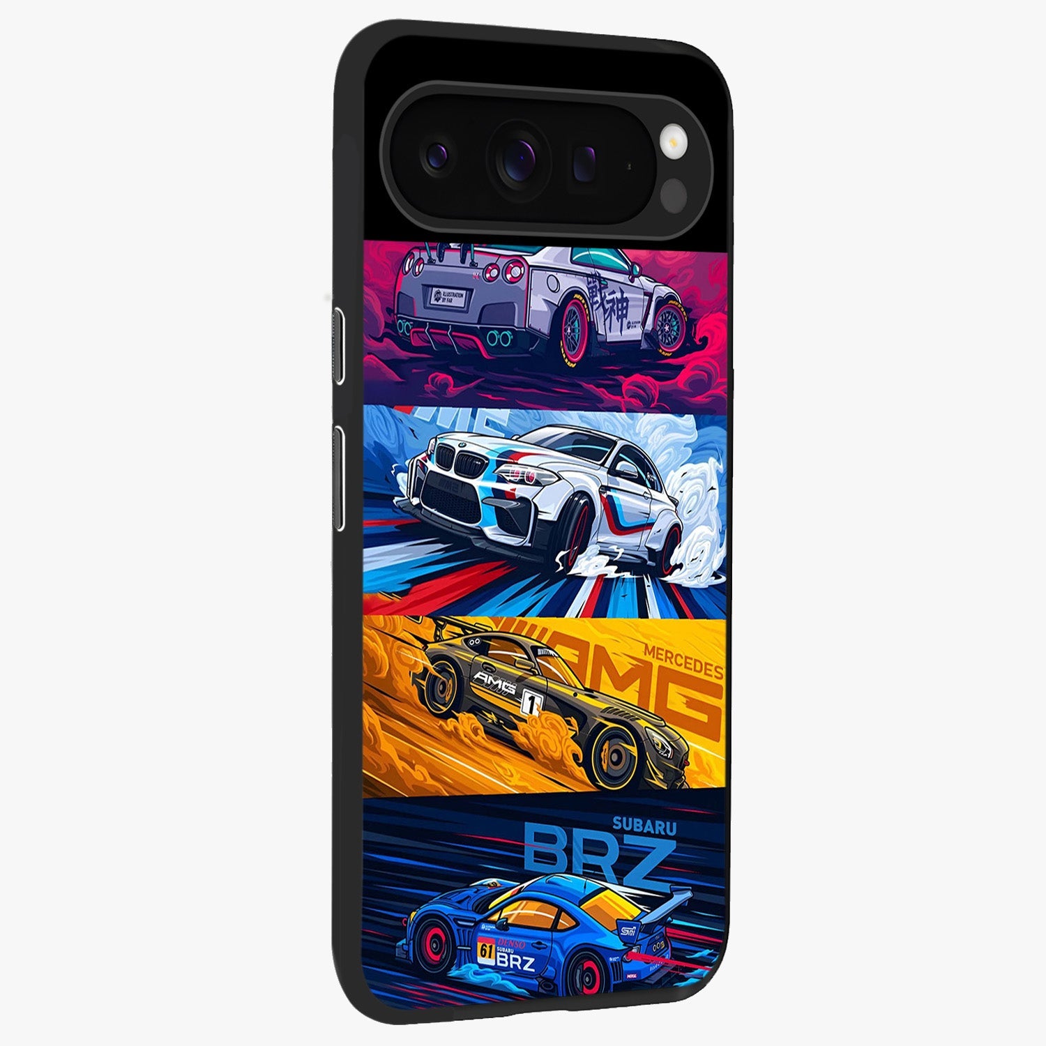 JDM Sports Car Glass Case upright view showcasing dynamic sports car artwork with bold racing theme.