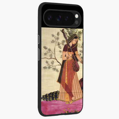 Lady With Veena Art Glass Case upright view showcasing classical veena artwork with traditional artistic theme.