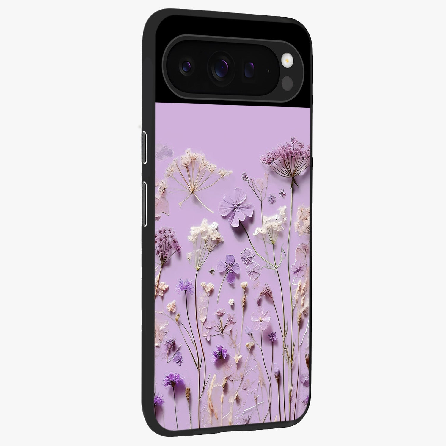 Lavender Blossom Dream Glass Case upright view showcasing delicate lavender blossom artwork with peaceful floral theme.