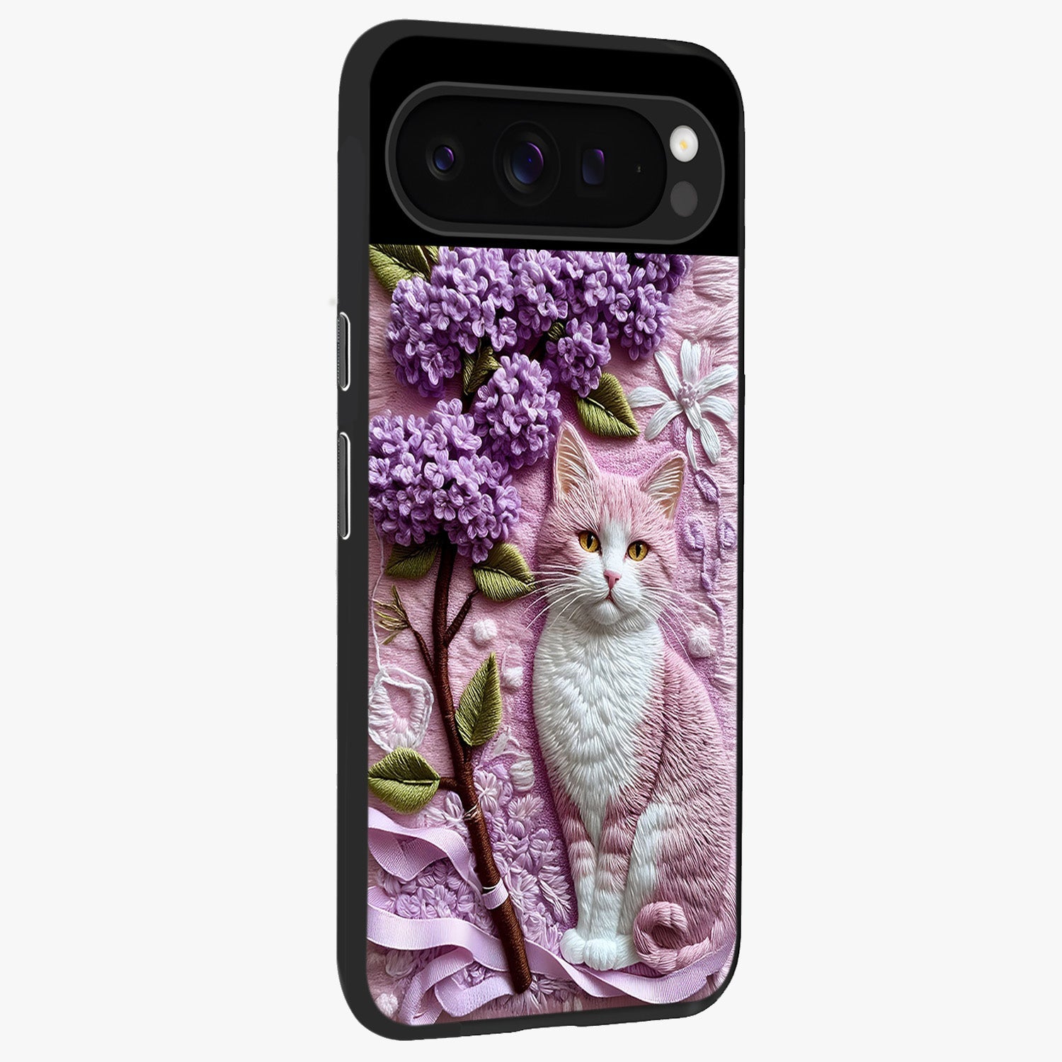 Lavender Cat Whimsy Glass Case upright view showcasing charming cat artwork with whimsical lavender theme.