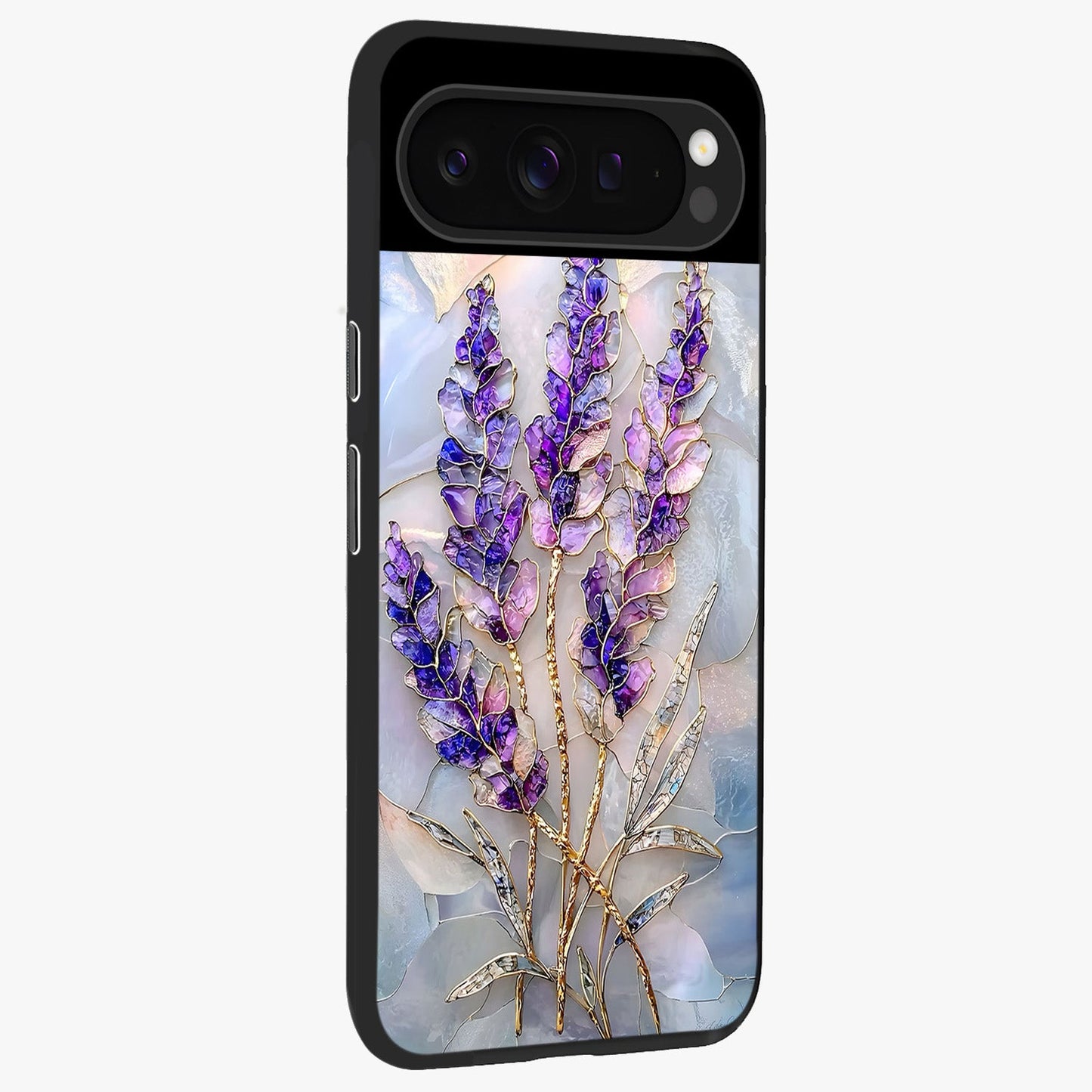 Lavender Dream Glow Glass Case upright view showcasing radiant lavender glow artwork with calming dreamy theme.