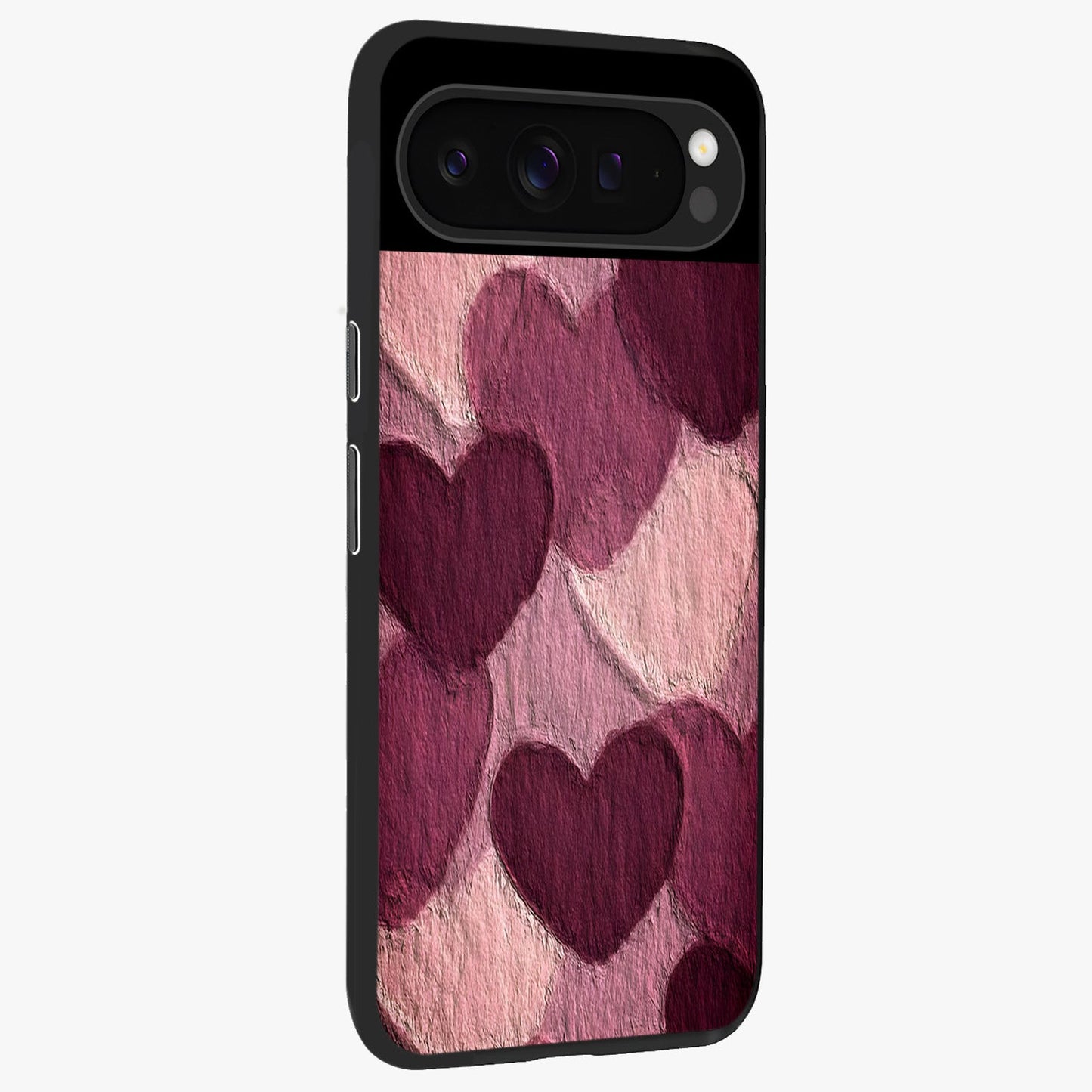 Layered Paper Hearts Glass Case upright view showcasing decorative layered heart artwork with sweet love theme.