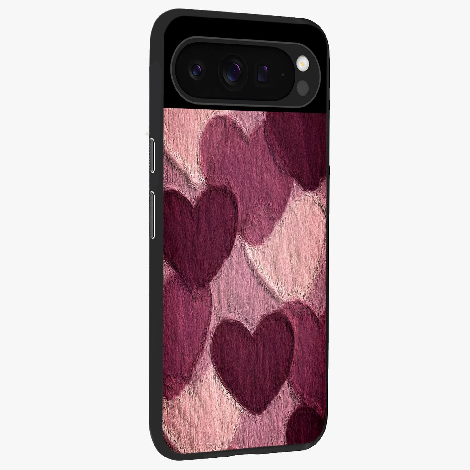 Layered Paper Hearts Glass Case upright view showcasing decorative layered heart artwork with sweet love theme.