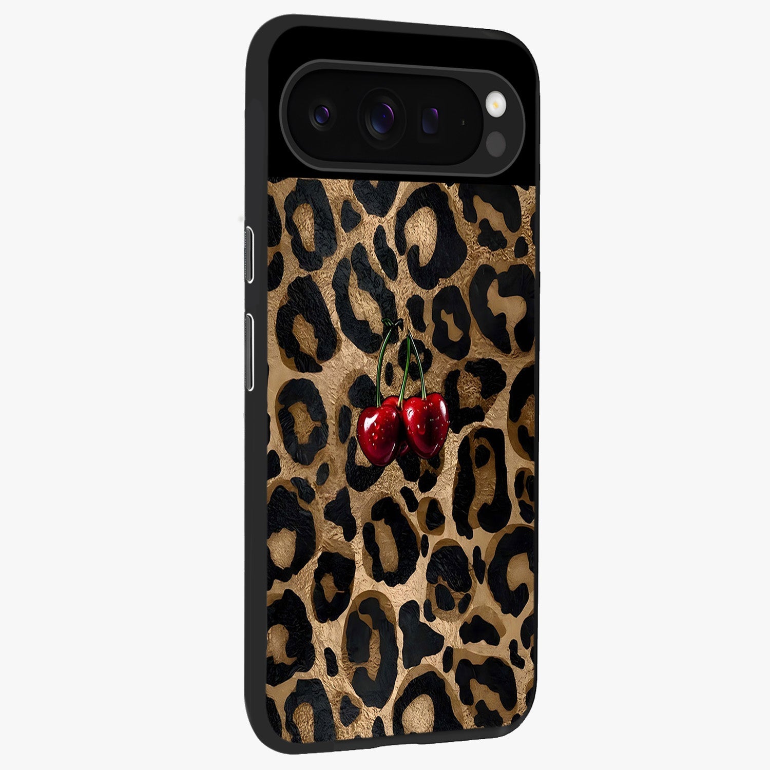 Leopard Wild Cherry Glass Case upright view showcasing stylish leopard pattern artwork with trendy fashion theme.