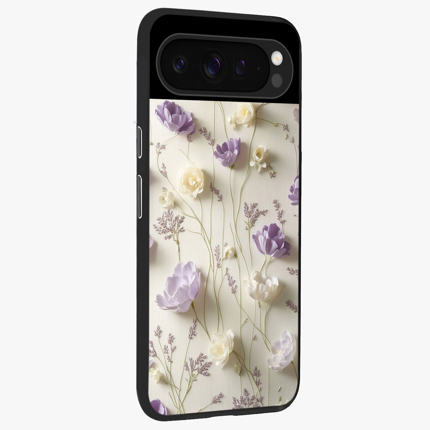 Lilac Breeze Harmony Glass Case upright view showcasing delicate lilac artwork with peaceful floral theme.