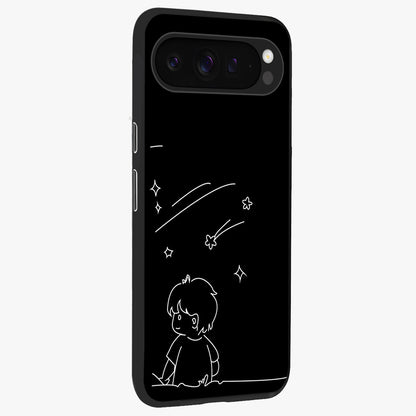 Line Art Boy With Shooting Stars Glass Case upright view showcasing artistic shooting star illustration with minimal style.