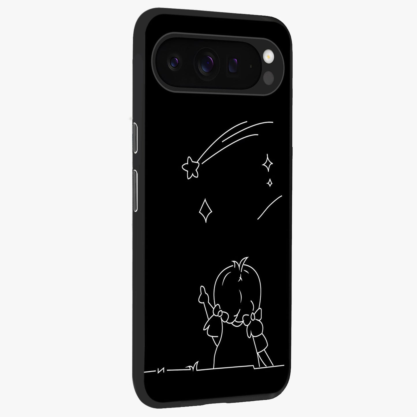 Line Art Girl With Shooting Stars Glass Case upright view showcasing delicate shooting stars artwork with minimal artistic theme.