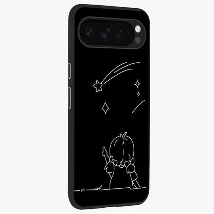 Line Art Girl With Shooting Stars Glass Case upright view showcasing delicate shooting stars artwork with minimal artistic theme.