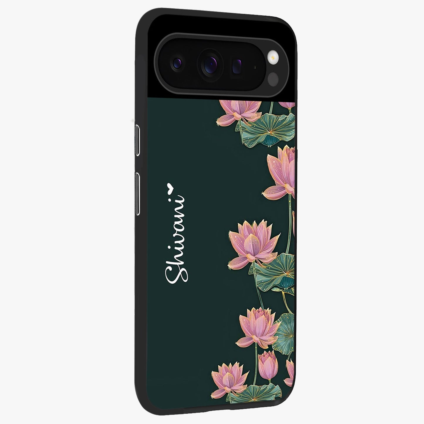 Lotus Bloom Serenity Custom Name Glass Case upright view showcasing serene lotus bloom artwork with personalized floral aesthetic.