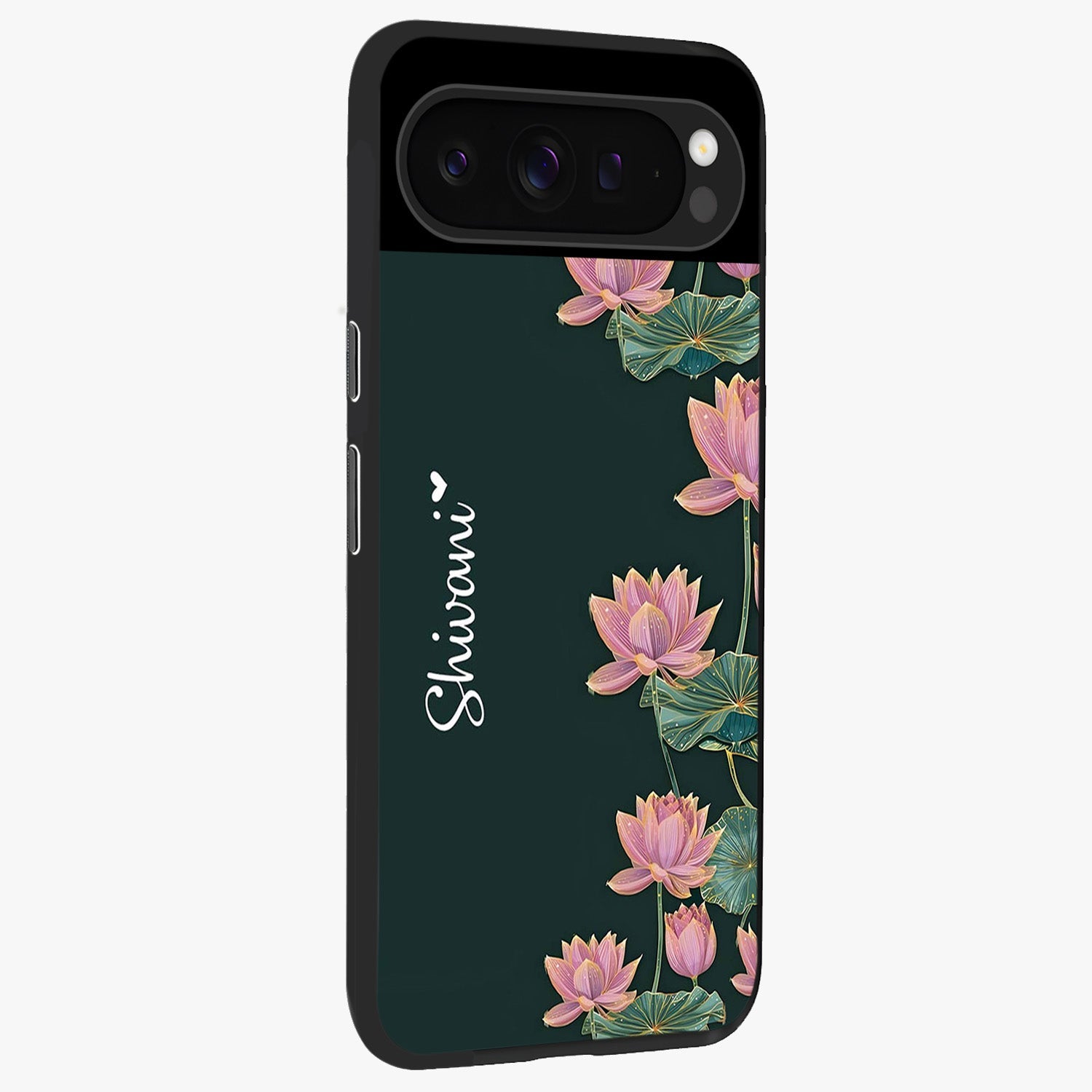 Lotus Bloom Serenity Custom Name Glass Case upright view showcasing serene lotus bloom artwork with personalized floral aesthetic.