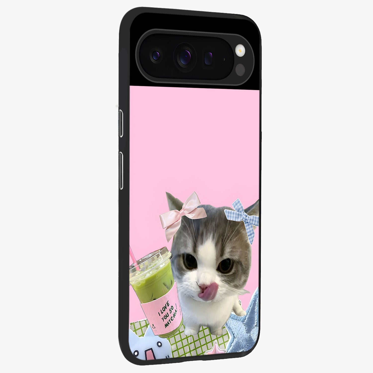 Love Matcha Cat Glass Case upright view showcasing adorable cat artwork with charming matcha themed design.