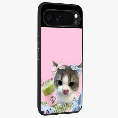 Love Matcha Cat Glass Case upright view showcasing adorable cat artwork with charming matcha themed design.