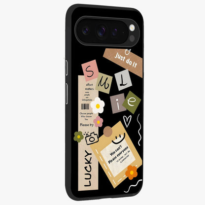 Lucky Aesthetic Collage Glass Case upright view showcasing vibrant collage artwork with youthful aesthetic theme.