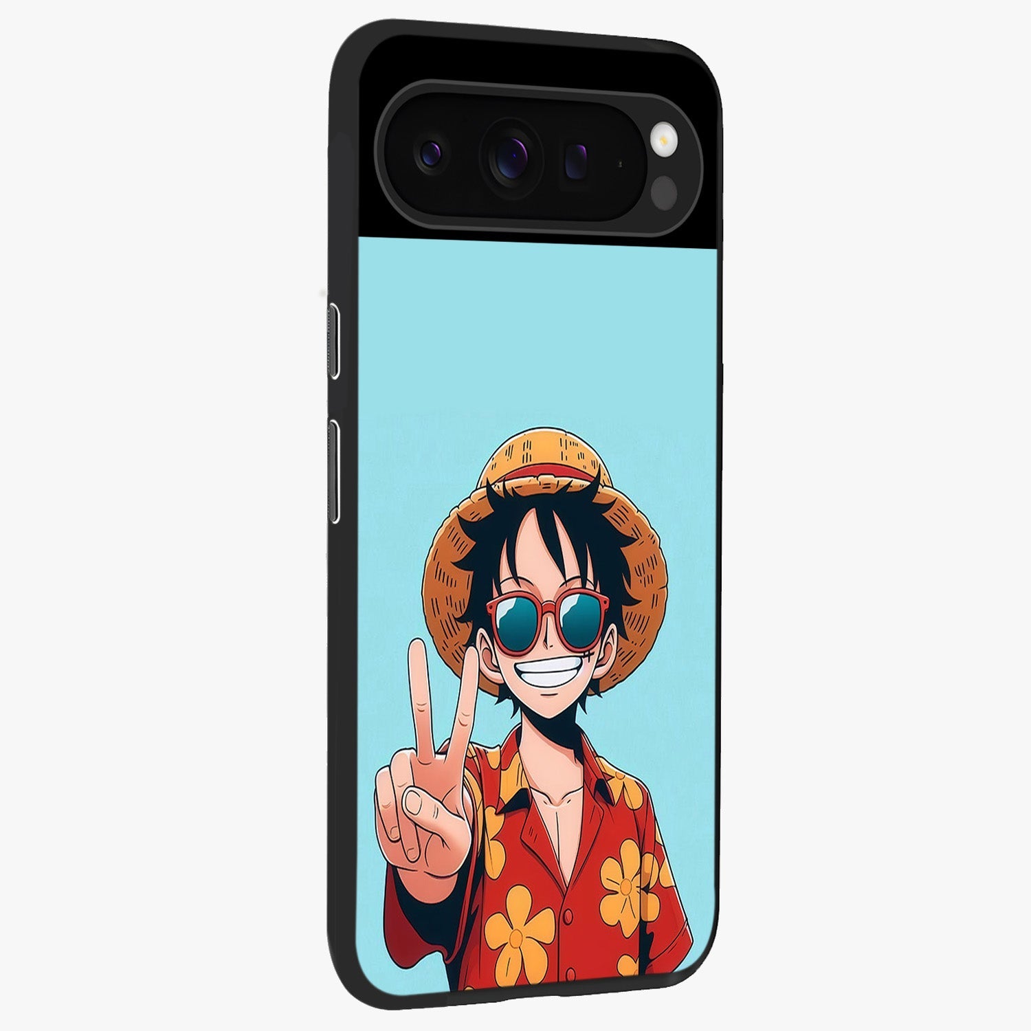 Luffy Summer Anime Vibe Glass Case upright view showcasing dynamic anime artwork with bright adventurous theme.