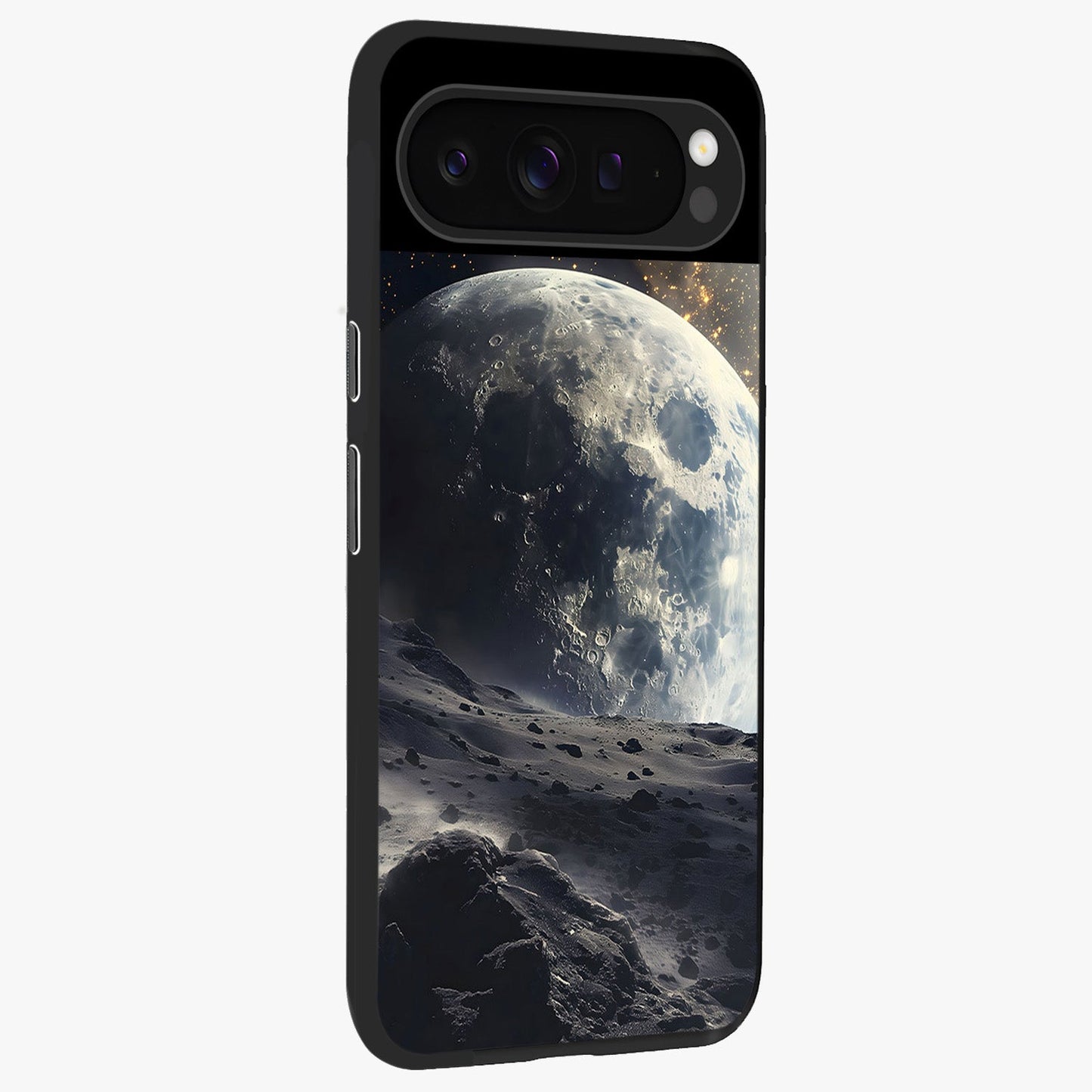 Lunar Horizon Glow Glass Case upright view showcasing radiant lunar artwork with calm cosmic theme.