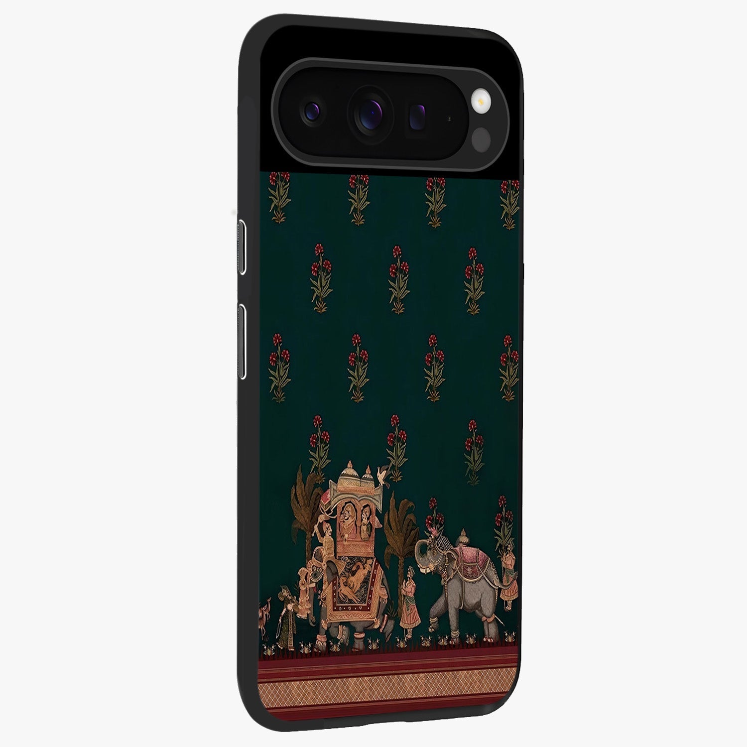 Macmerise Glass Case upright view showcasing bold artistic artwork with contemporary design theme.