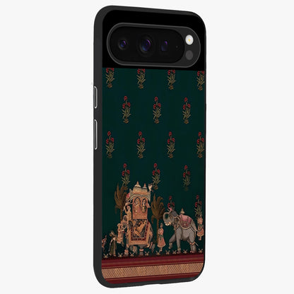 Macmerise Glass Case upright view showcasing bold artistic artwork with contemporary design theme.