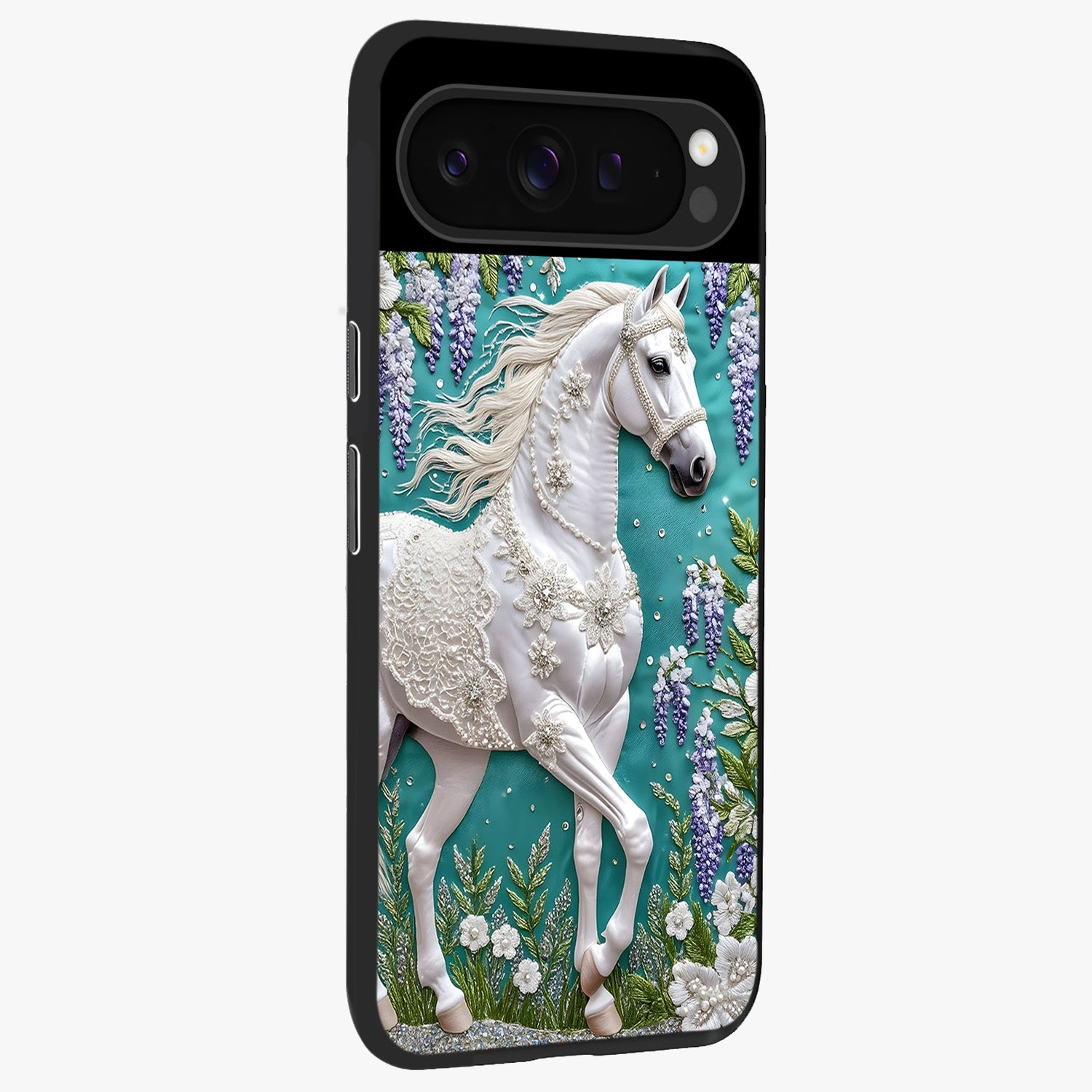 Majestic Floral Stallion Glass Case upright view showcasing dramatic horse artwork with decorative floral theme.