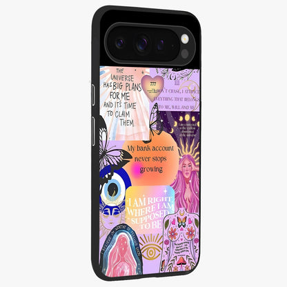 Manifestation Collage Glass Case upright view showcasing artistic manifestation themed artwork with creative style.