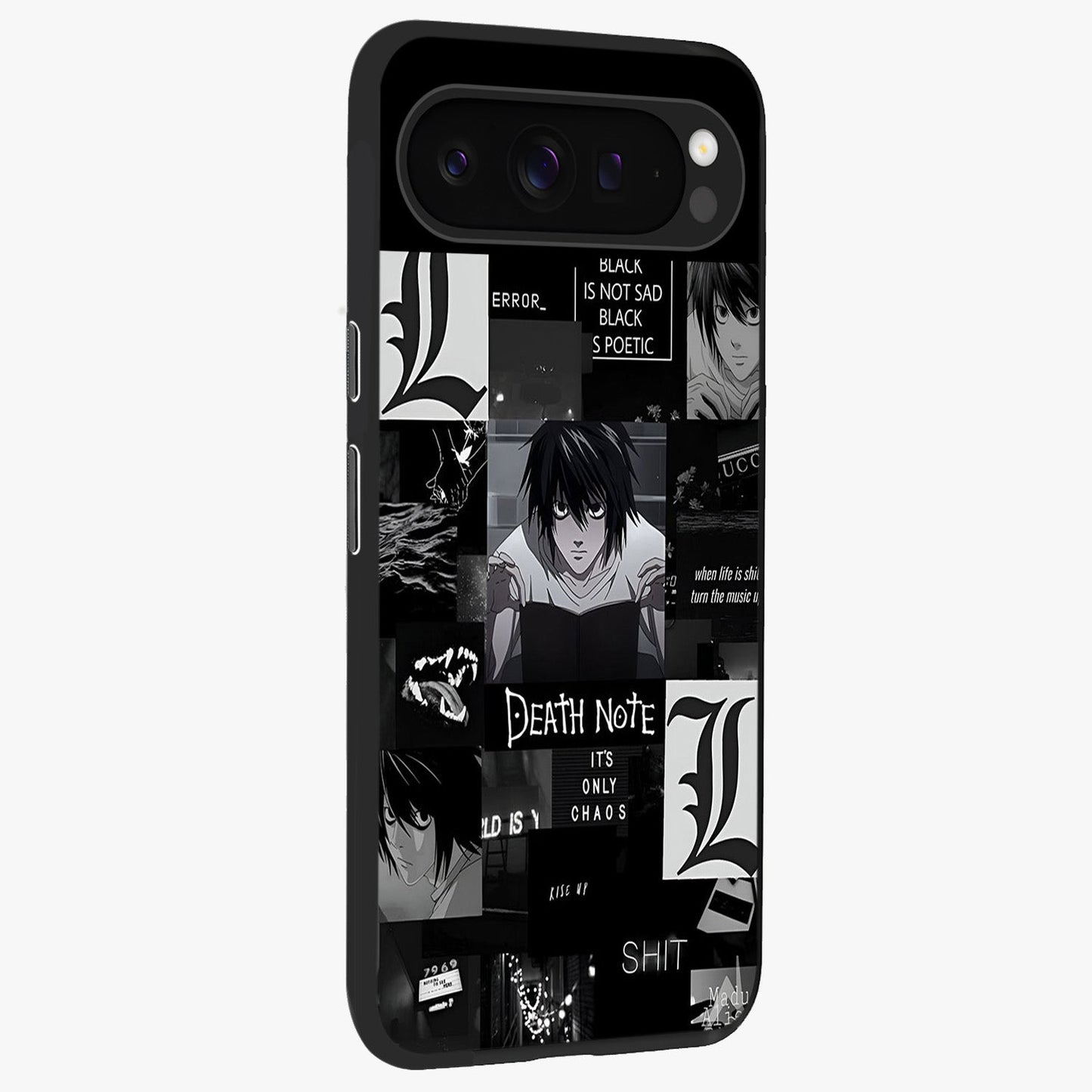 Midnight Chaos Mind Glass Case upright view showcasing expressive abstract artwork with bold dark theme.