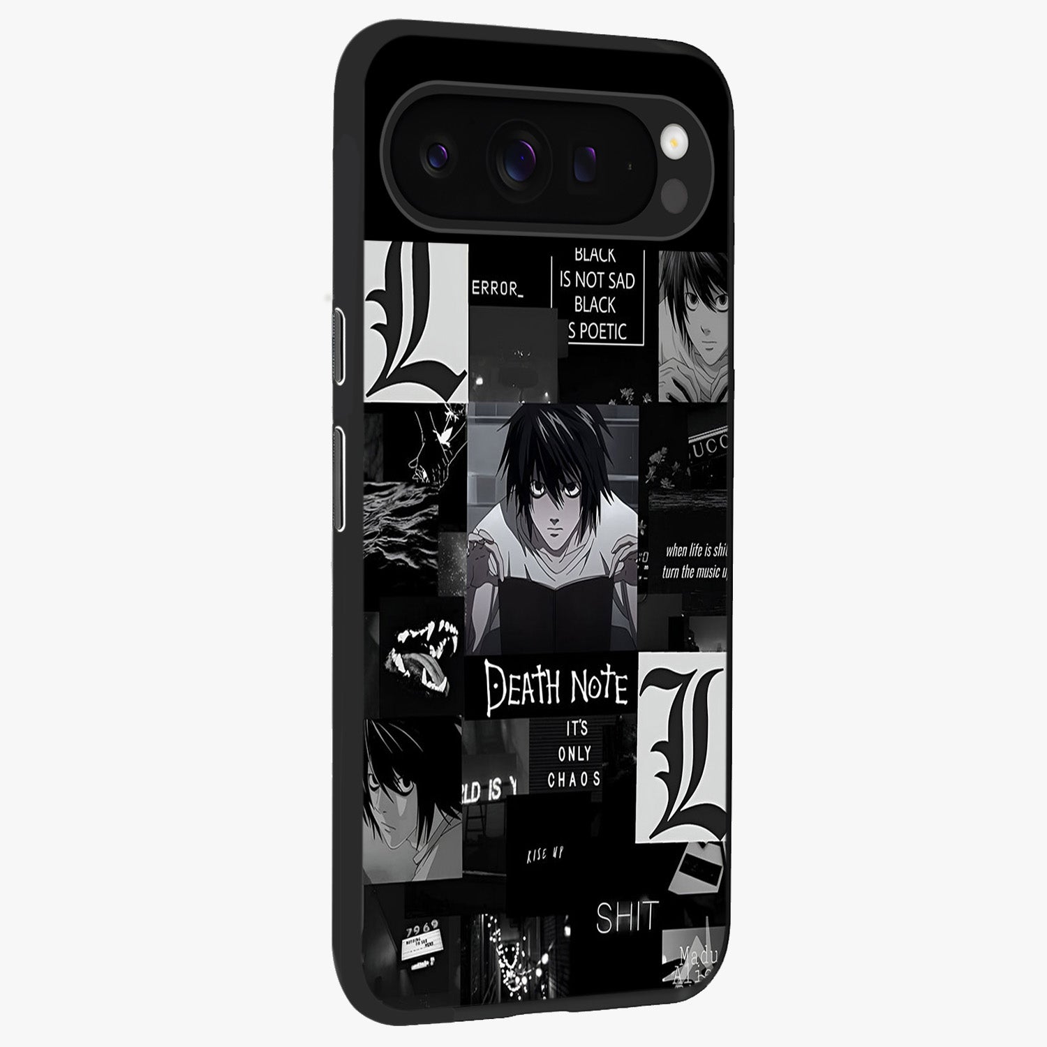 Midnight Chaos Mind Glass Case upright view showcasing expressive abstract artwork with bold dark theme.
