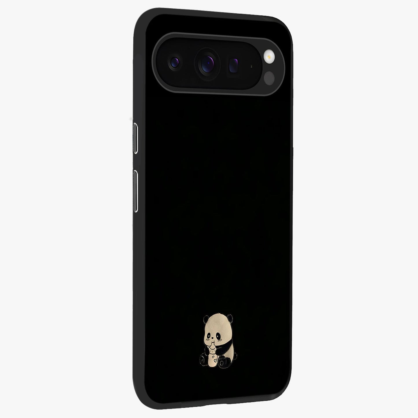 Midnight Panda Love Glass Case upright view showcasing charming panda artwork with playful romantic theme.