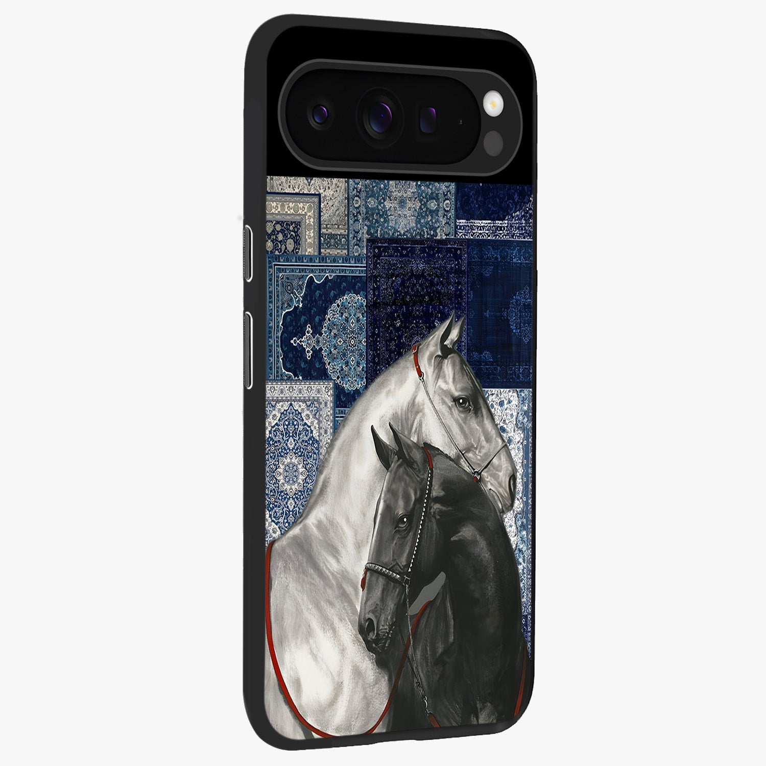 Midnight Stallion Blues Glass Case upright view showcasing dramatic horse artwork with bold artistic theme.