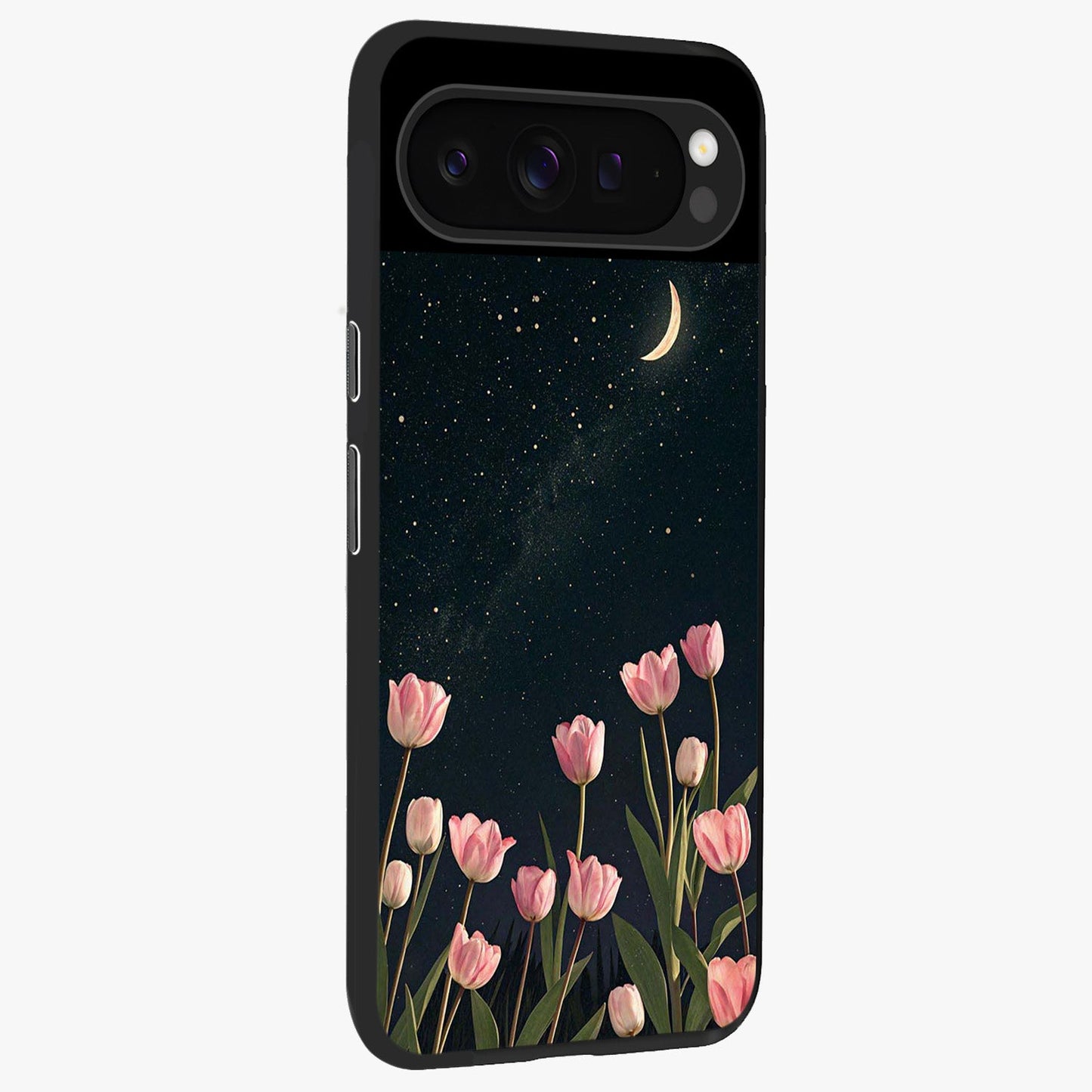 Midnight Tulip Whispers Vibe Glass Case upright view showcasing graceful tulip artwork with calm botanical theme.