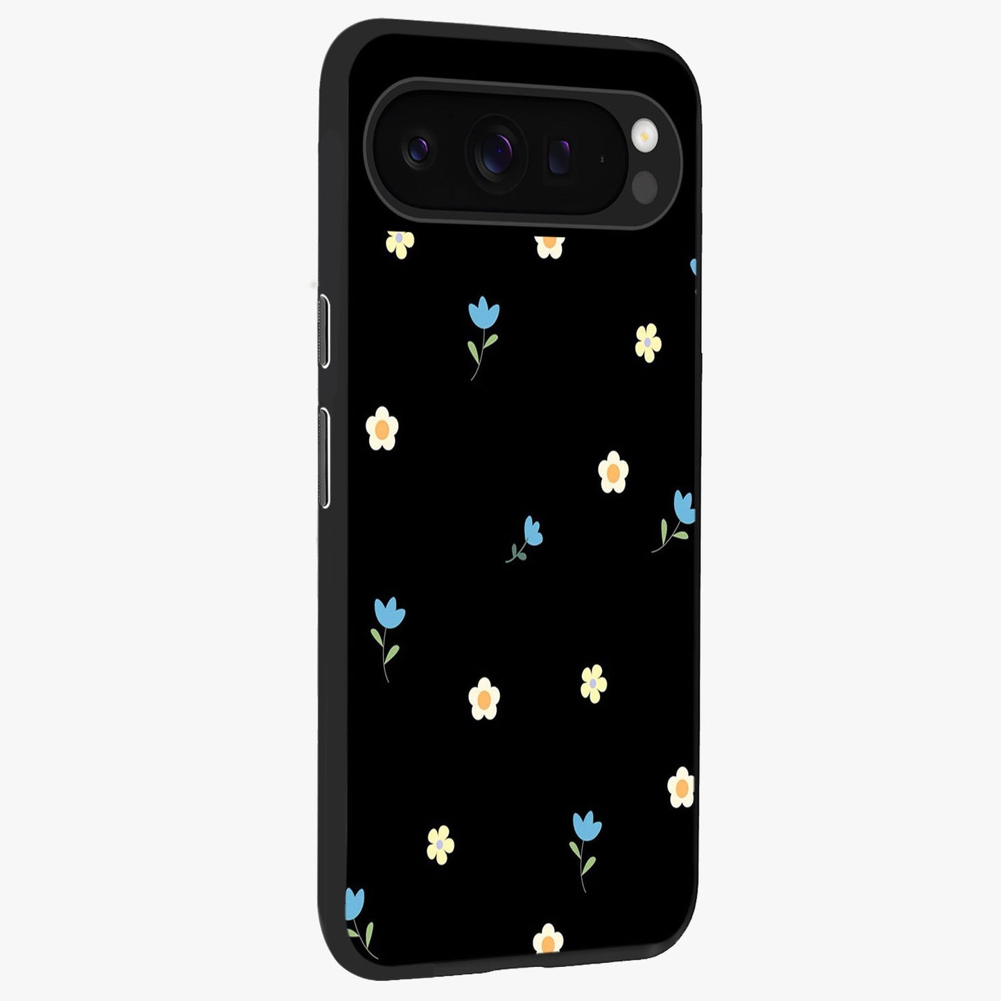 Minimal Petal Whispers Glass Case upright view showcasing elegant floral artwork with modern minimalist style.