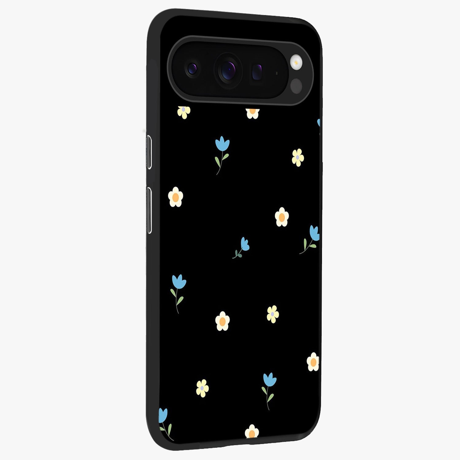 Minimal Petal Whispers Glass Case upright view showcasing elegant floral artwork with modern minimalist style.